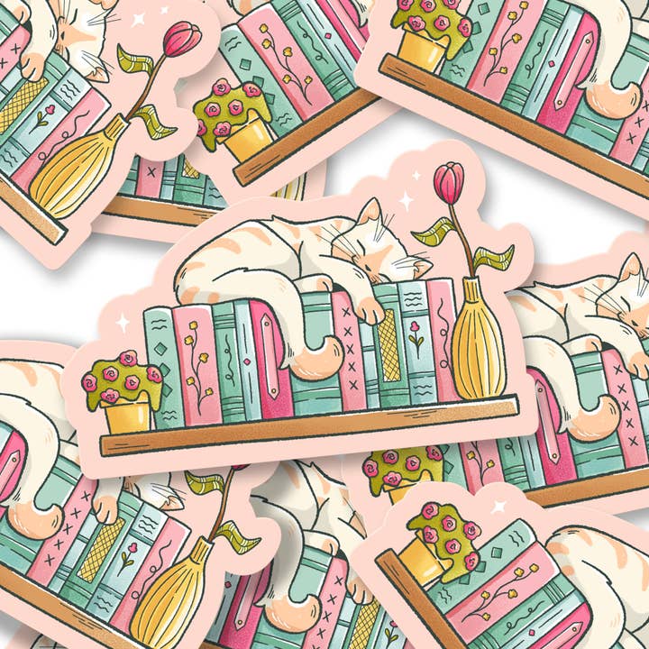 Sweet Cosy Cat Bookish Sticker, Book Shelf Decal, for wholesale by Jasmine Allan Studio