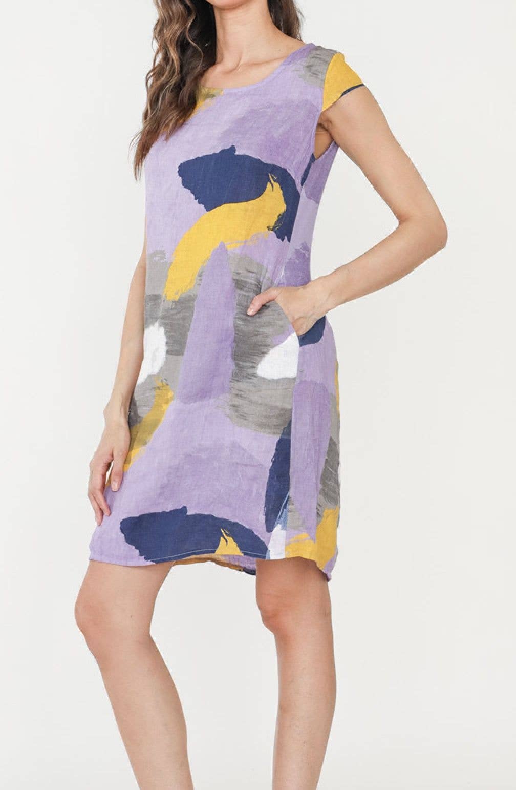 Happy look - Wholesale Dress - Women's - Short sleeve abstract printed linen short dress 1