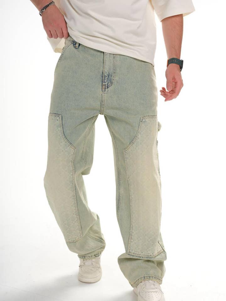 Herren Hellgrüne Patchwork-Cargo-Jeans Streetwear Weit Geschnitten 0924ES3197 für den Großhandel von Monocloth