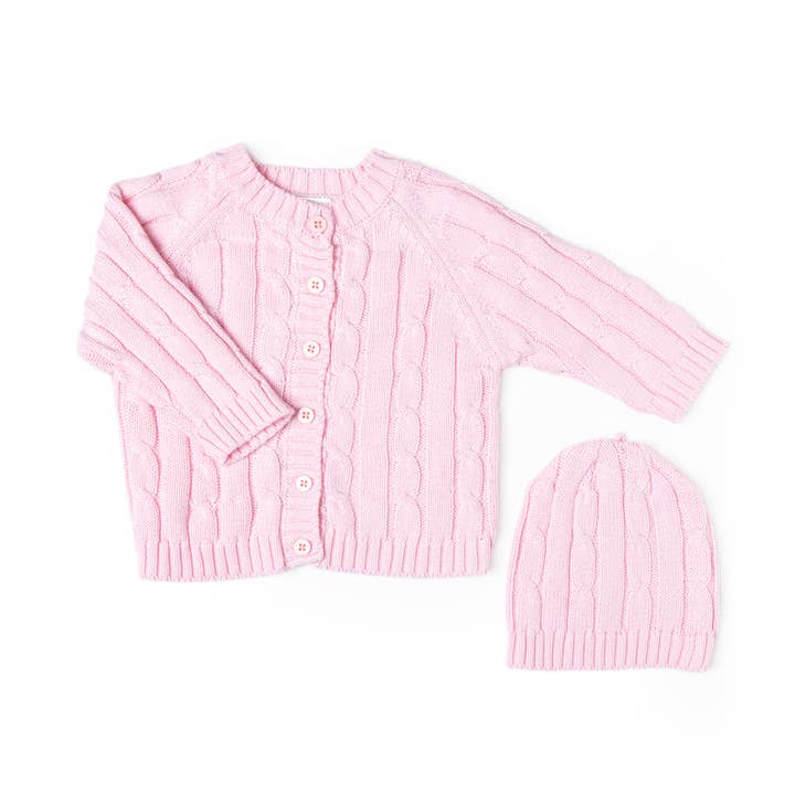 Rose Textiles - Vente Ensemble de vêtements – bébé - Cardigan et bonnet en maille torsadée rose0