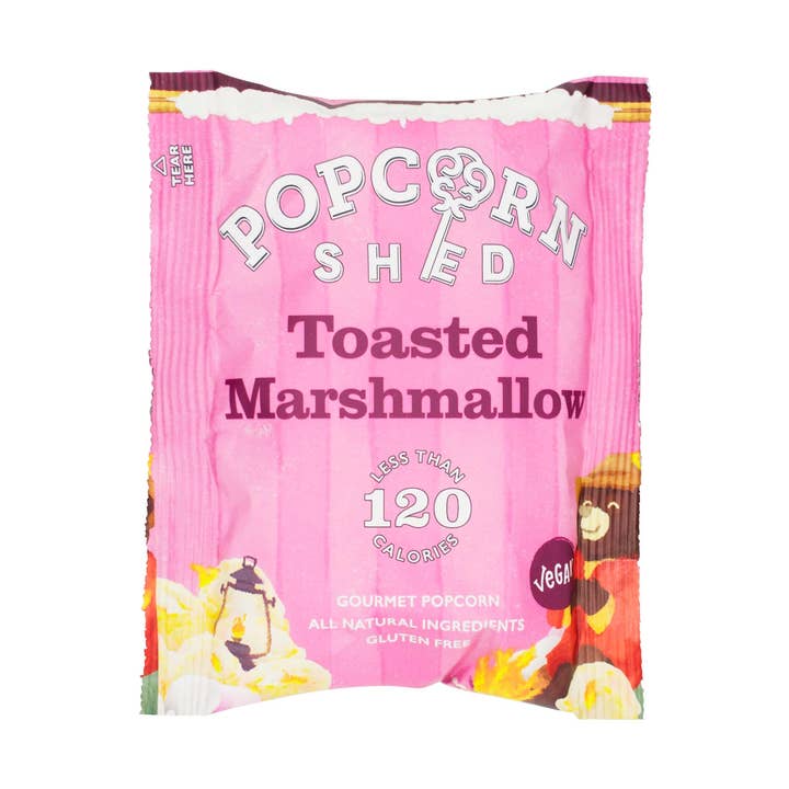 Paquet de collations gourmandes grillées végétaliennes à la guimauve pour la vente par Popcorn Shed