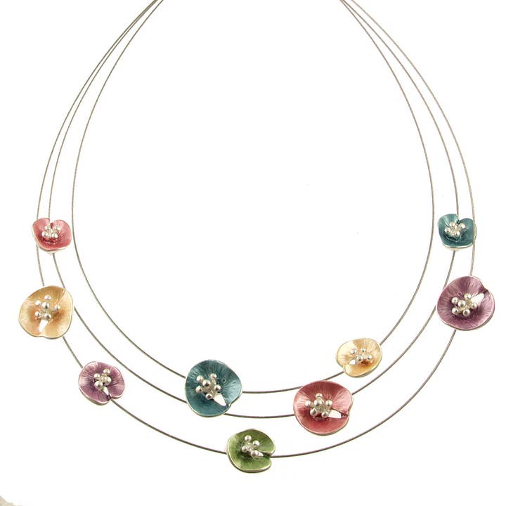 Origin Jewelry - Wholesale Pendant/Charm Necklace - Floral Lilypad Necklace, Three Strands, 18", Magnetic Clasp