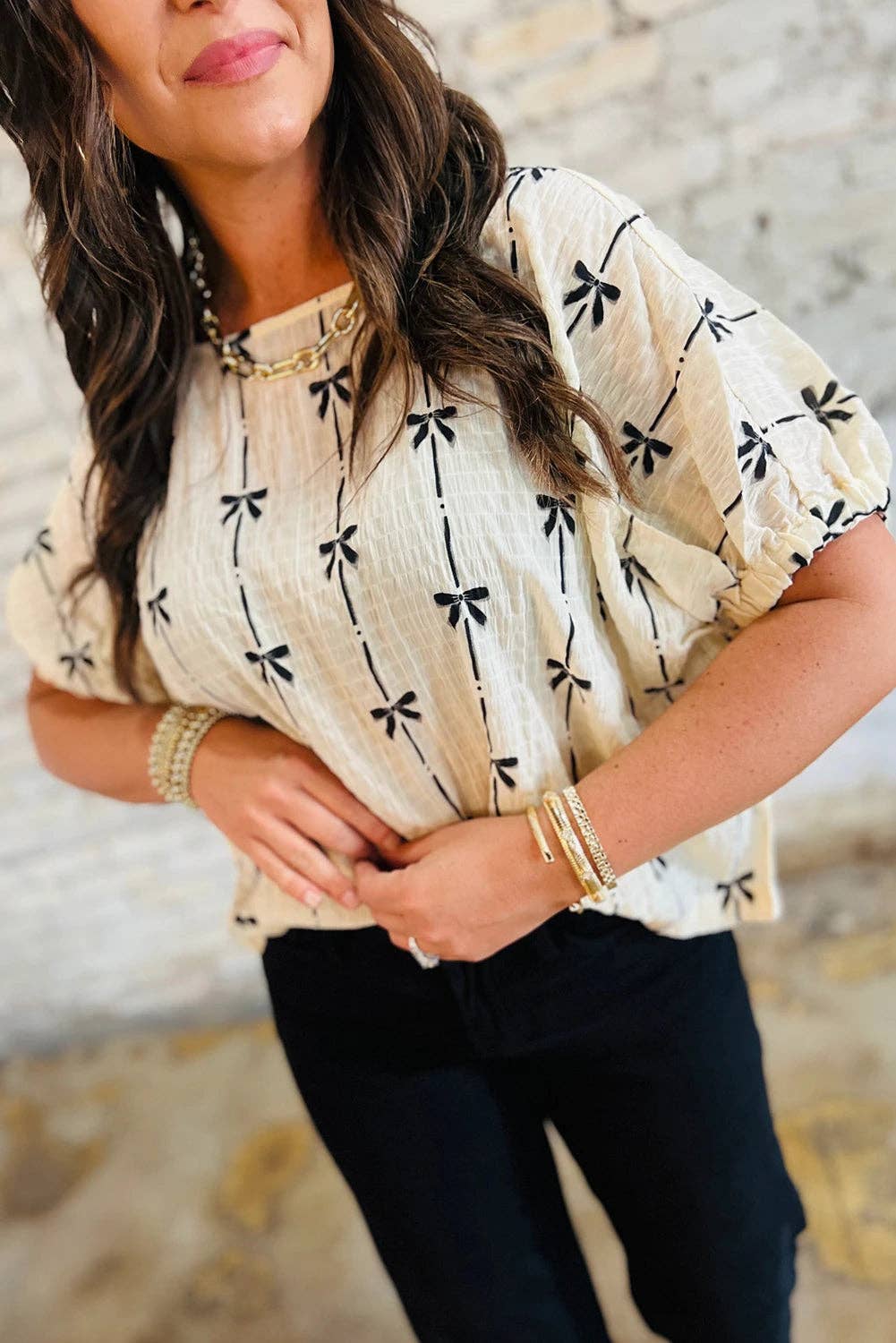 Beige Bow Print Puff Short Sleeve Top for wholesale on Faire