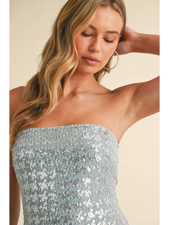 Klesis - Wholesale Dress - Women's - ID8427 SEQUIN DENIM HOUNDSTOOTH STRAPLESS MINI DRESS