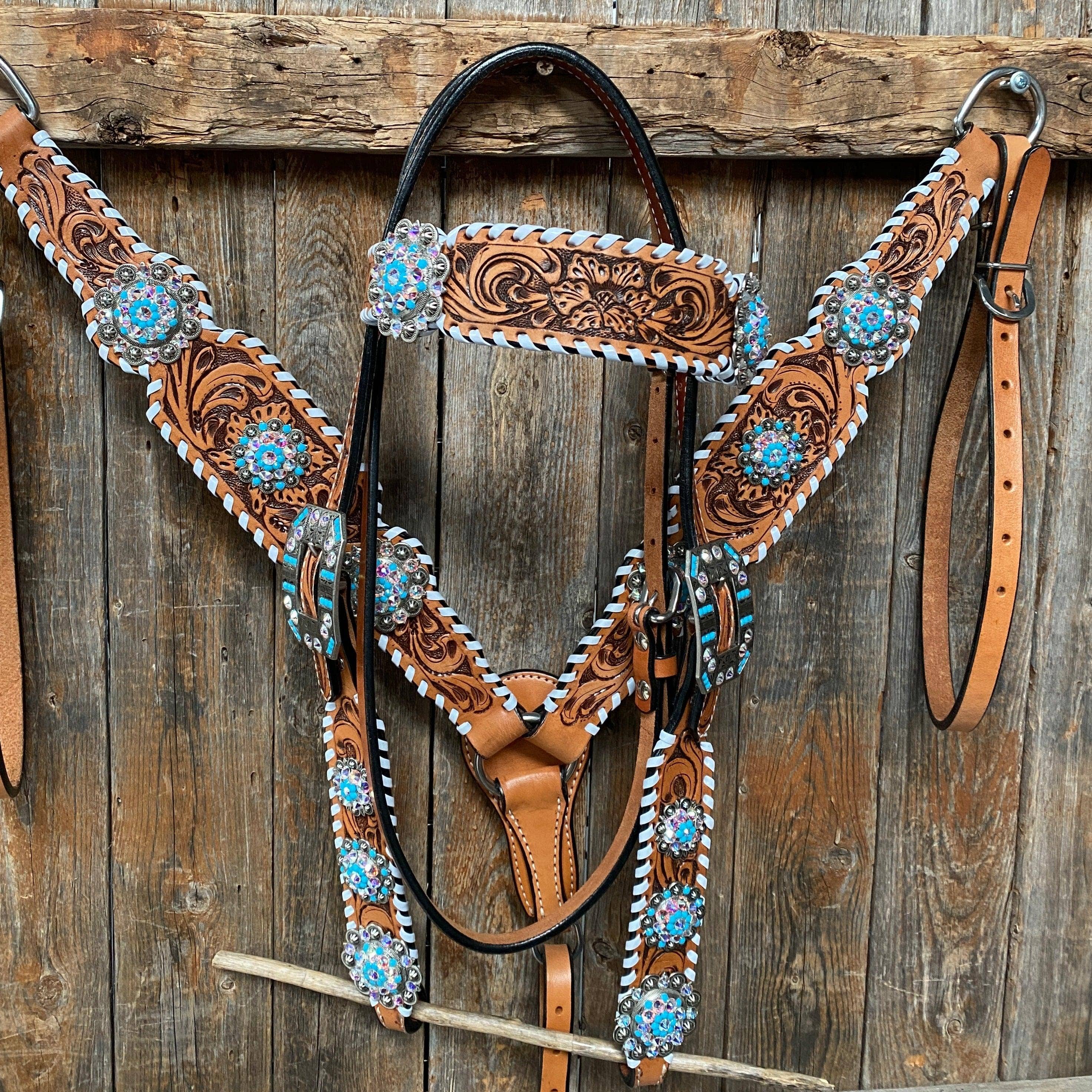Rodeo Drive - Wholesale Horseback Riding Gear - Whipstitch Turquoise & AB Browband/One Ear Tack Set with Wither Strap  #BBBC4632