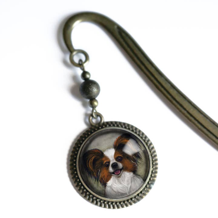 Best Friends Papillon Dog Bronze and Glass Bookmark for wholesale by The Divine Iguana