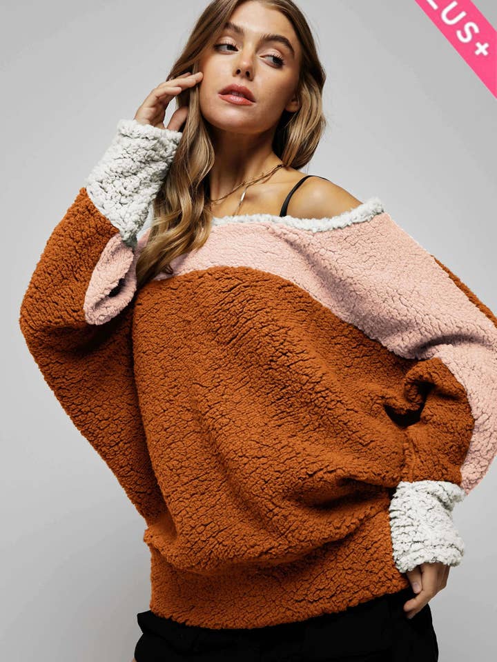 Davi & Dani – wholesale Sweatshirt – Women's – PLUS COLOR BLOCKED OFF SHOULDER SWEATSHIRT8