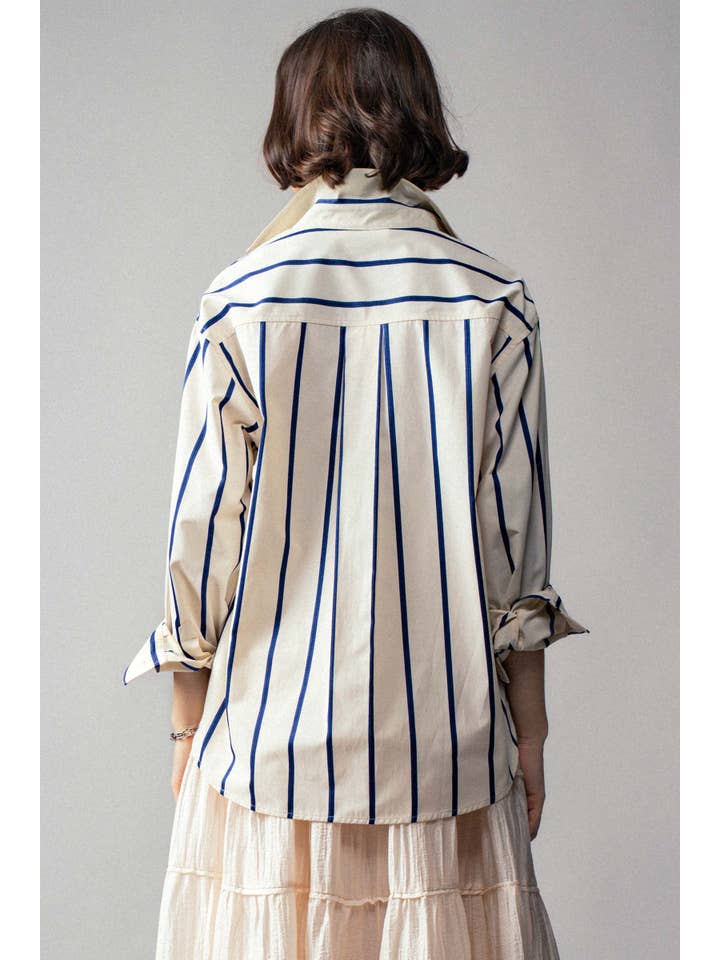 IVORY BLUE Oversized Coastal Stripe Button-Down Shirt for wholesale on Faire