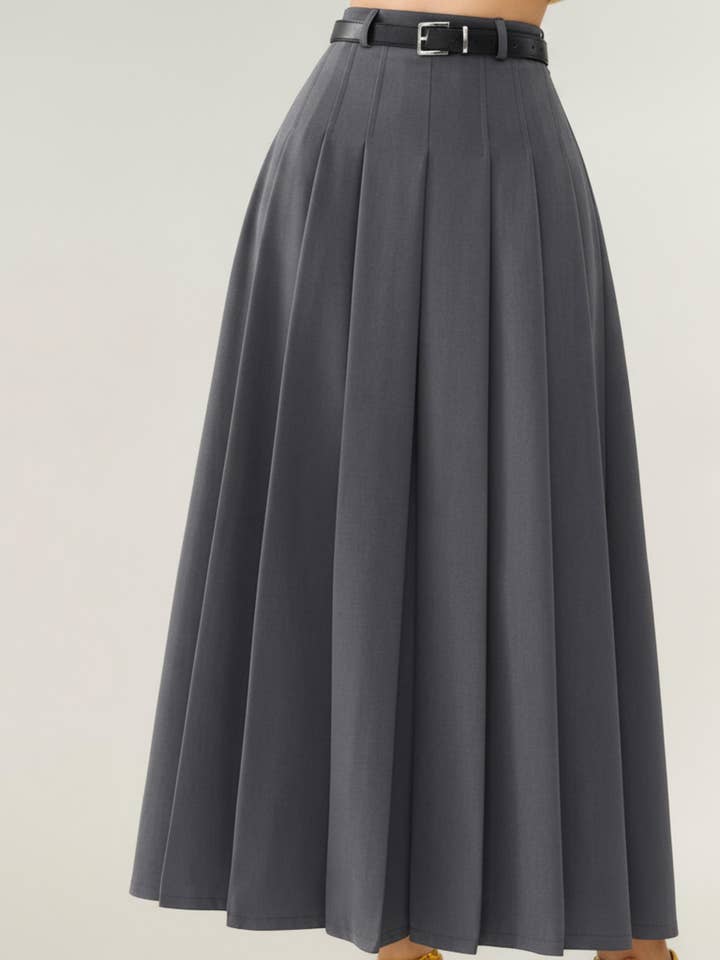 High Waist Pleated Maxi Skirt with Structured A-Line Silhoue for wholesale by Anna Kaci Wholesale
