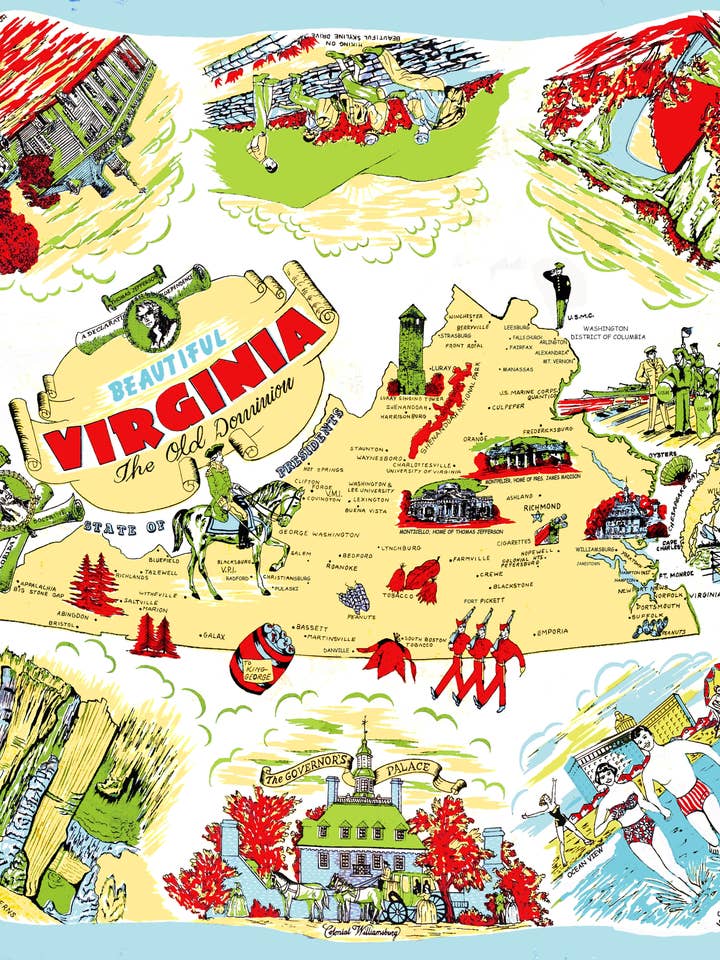 Virginia Map Retro Flour Sack Kitchen Towel for wholesale by Red and White Kitchen Company