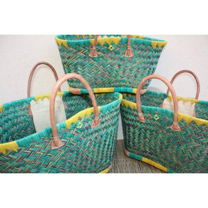 Boutique Huléti - Wholesale Grocery/Shopping Bag - Madagascar Shopping Basket - Turquoise & Yellow - Handwoven Tote Bag Wicker Rattan Straw - 3 sizes available -4