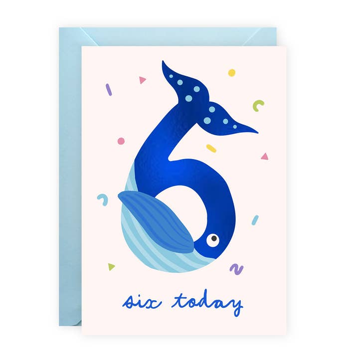 Foiled Unisex 6th Birthday Card - Age Six - Whale for wholesale by Painted Parasol Studio