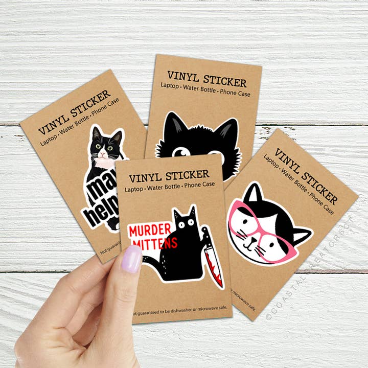 Coastal Creators of Connecticut - Wholesale Sticker - "Murder Mittens" Cat Laptop Water Bottle Sticker