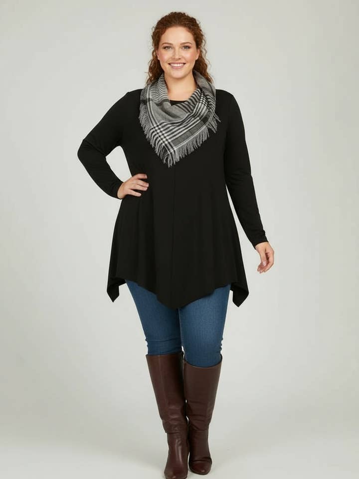Plus-size asymmetric T-shirt with scarf collar (A8728) for wholesale by Pomme Rouge Paris