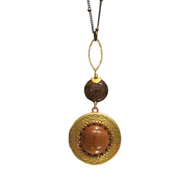 Round Vintage Locket Necklace - Bronzite and Wood for wholesale by TOODLEBUNNY