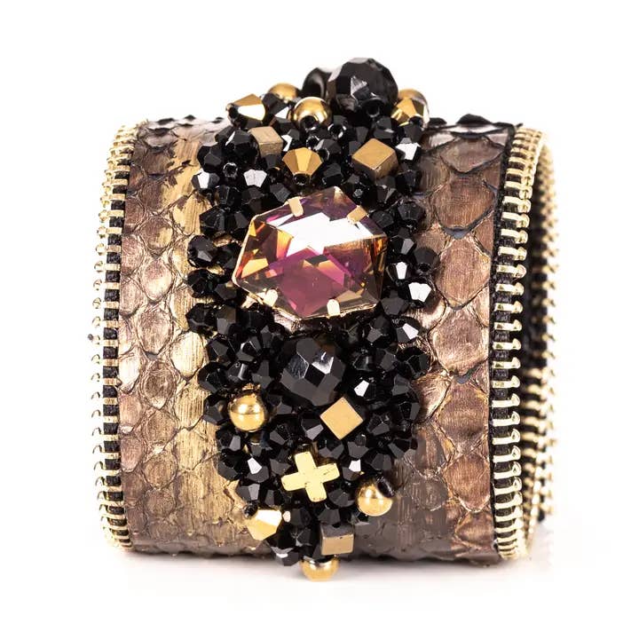 Women’s Statement Gold & Black Beaded Leather Cuff Bracelet for wholesale by The Dark