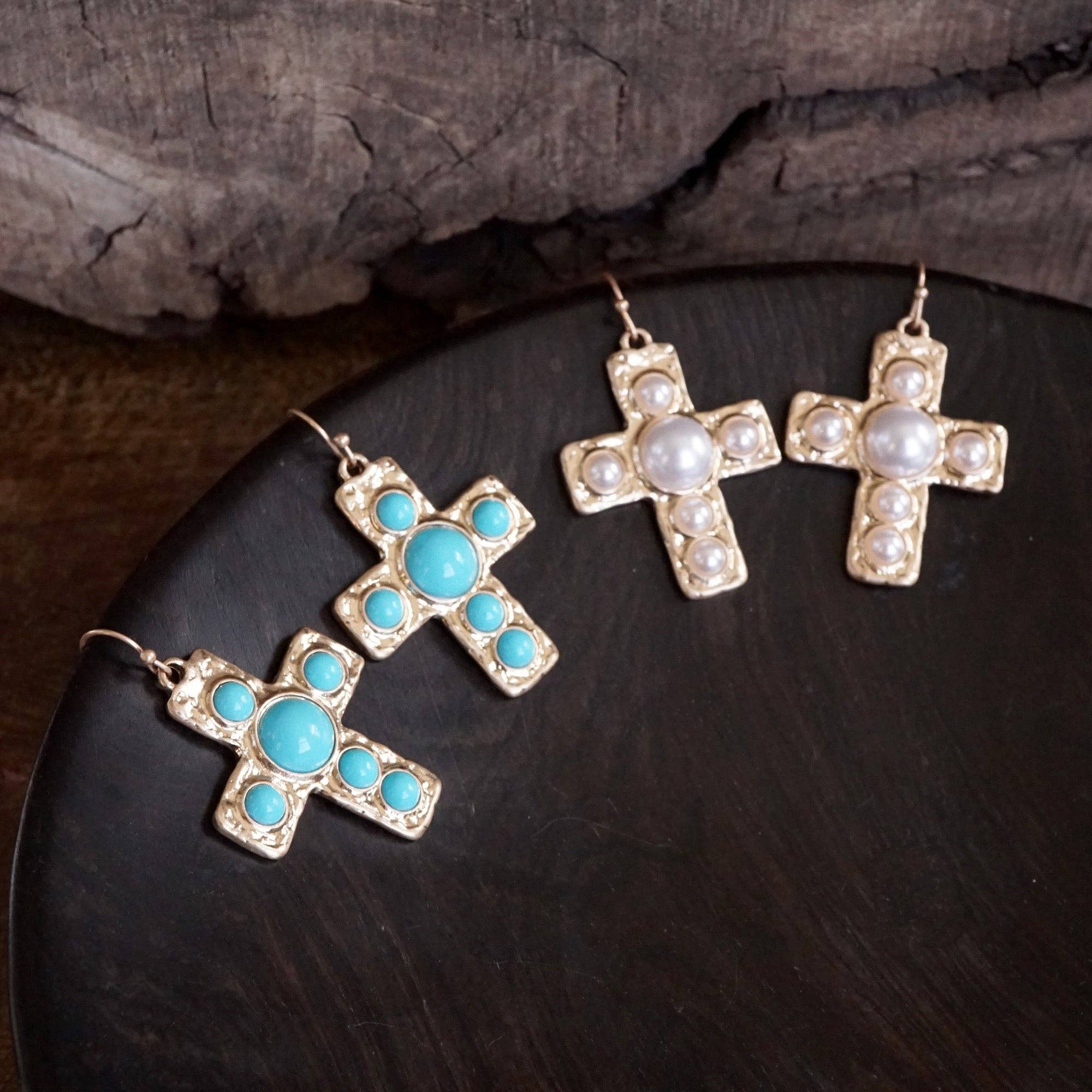 PennyLine inc - Wholesale Charm/Dangle Bracelet - Primitive Cross Chain Bracelet – Worn Gold with Turquoise or Pearl5