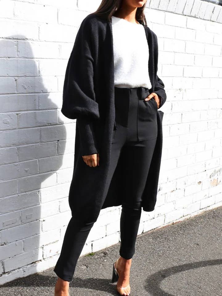 BLACK PUFFY SLEEVED BUTTON-DOWN SWEATER CARDIGAN for wholesale on Faire