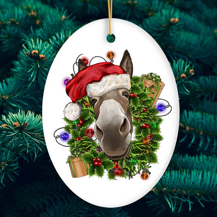 Merry Donkey Christmas Ornament, Ceramic Tree Decoration for wholesale by OrnamentallyYou