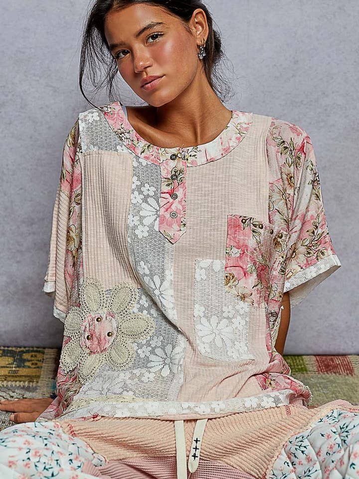 Round Neck Short Sleeve Floral Knit Rib Top SALE for wholesale by Pol Clothing