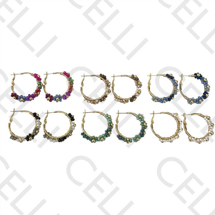 Pendientes de aro de acero con flores de cristal facetado o perlas para venta al por mayor de Celli Biju