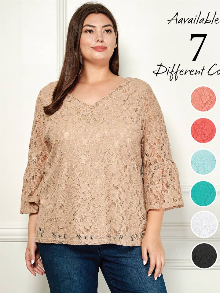 Winslow Collection – Engroshandel Bluse - Dame – Plus size bluse i blondestof med V-hals og albuelange ærmer19