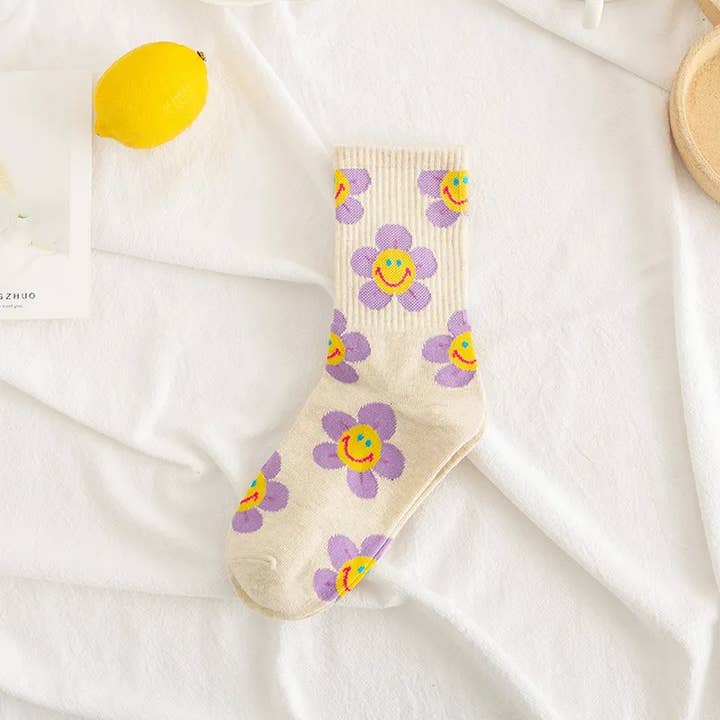 Sweet Cherry Sky - Wholesale Socks - Women's - Smiley Face Flower Socks