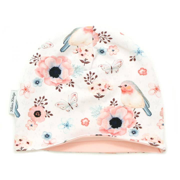 Cappellino a doppio strato per bambini con fiori e uccellini, bianco e rosa antico per la vendita all'ingrosso da parte di Kleine Könige