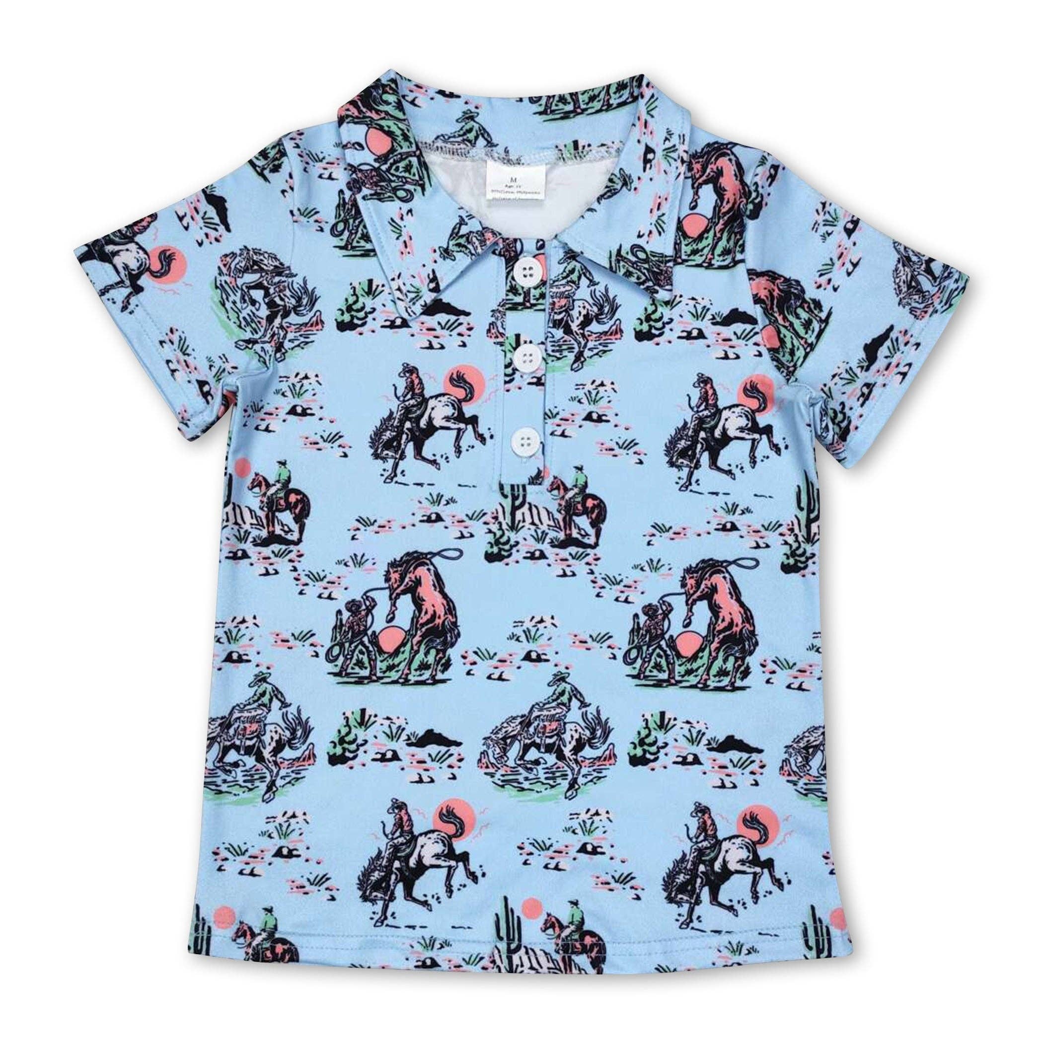 Yawoo Garments - Wholesale T-Shirt - Kids - Blue short sleeves cactus horse rodeo boys polo shirt