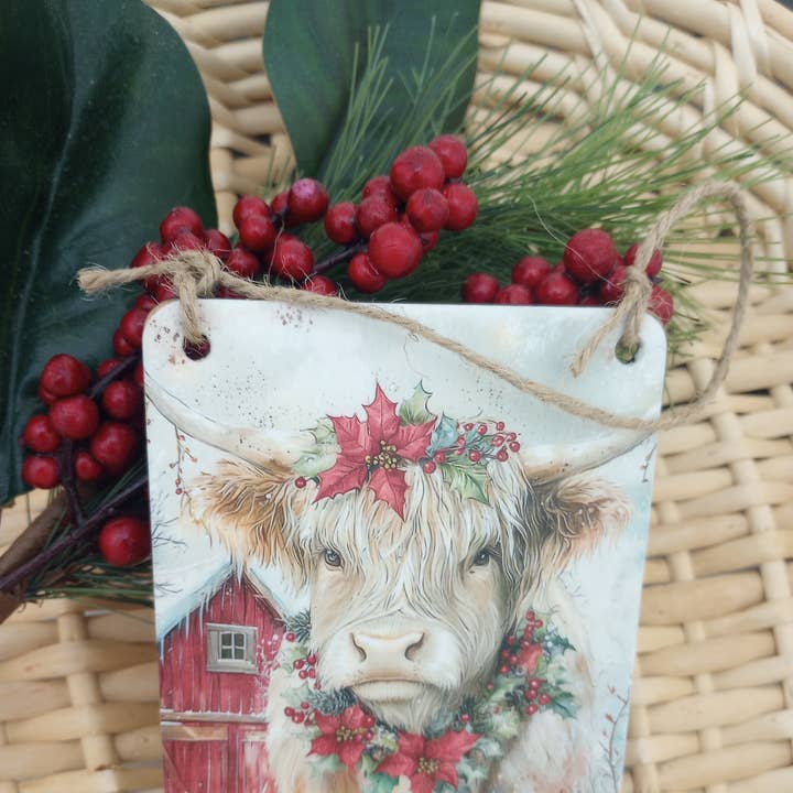 Christmas at the Olde Red Barn Ornament - Highland Cow Addie for wholesale by Bluegrass Burlap Co