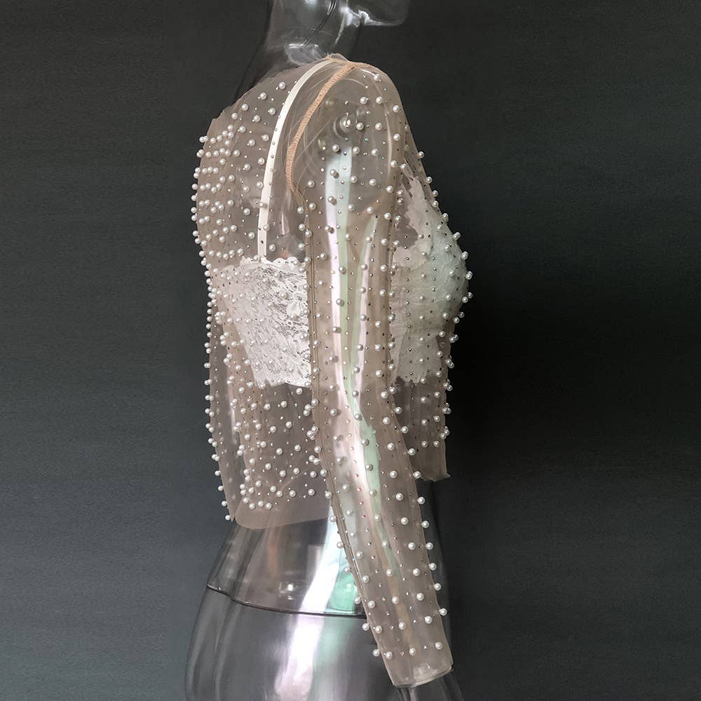 Rosa Clothing - Wholesale Blouse - Women's - pearl rhinestone sheer mesh see through top17