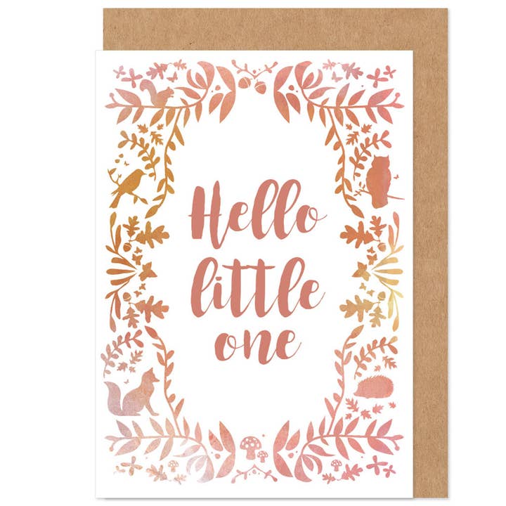 Hello Little One Peach Woodland Carte pour bébé pour la vente par Bow & Bell