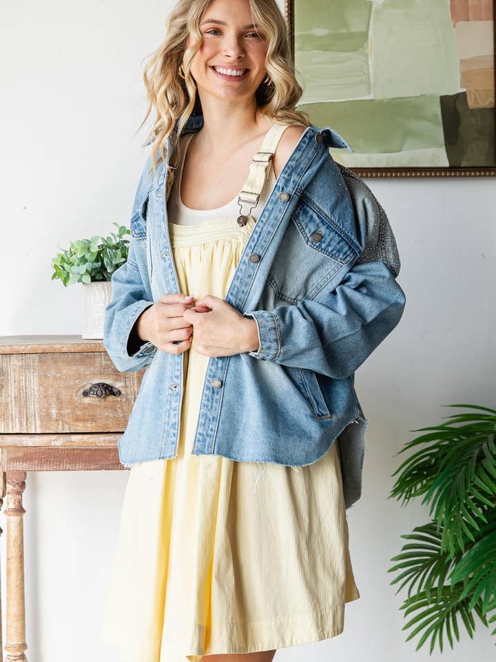 Med Wash RHINESTONE WASHED DENIM JACKET for wholesale on Faire2