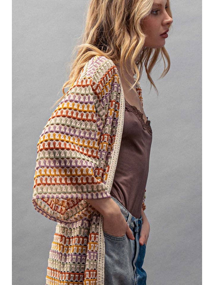 Urban Daizy - Wholesale Cardigan - Women's - Geometric Crochet Kimono Sleeve Midi Cardigan