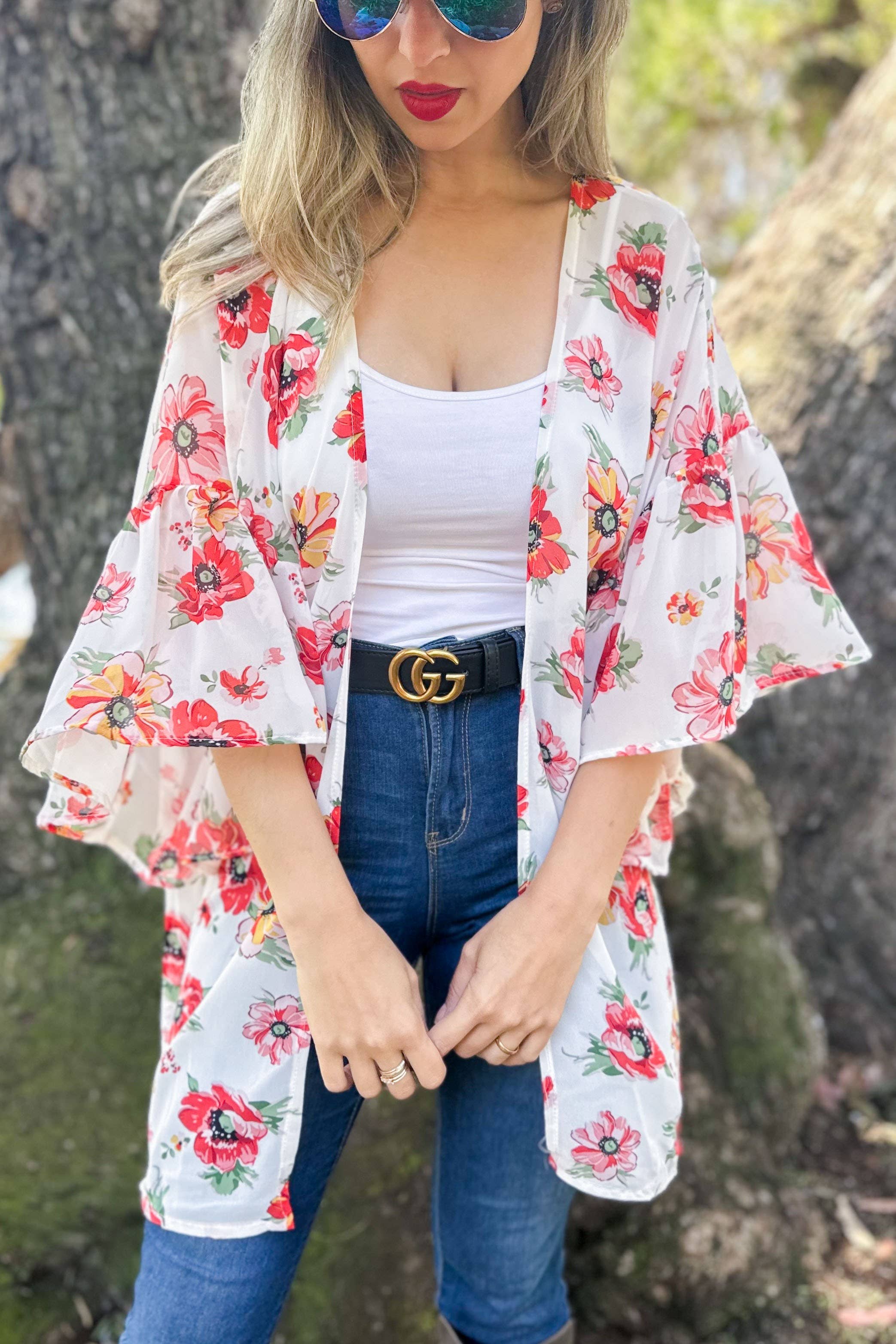 AMOLI – wholesale Kimono – Women's – Floral Printed Ruffled Sleeve Chiffon Kimono Cover-Up4