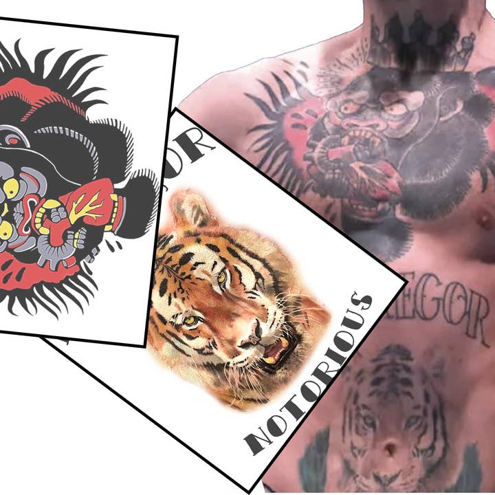 Tatouages faux inspirés par les combattants de MMA. Taille réelle, sans danger pour la peau pour la vente par Inkwear Temporary Tattoos