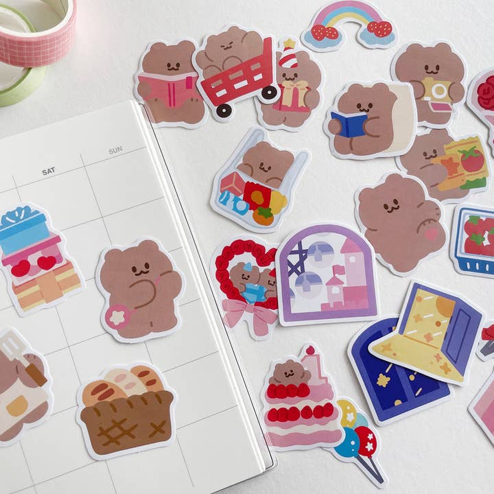 Brown Bear Sticker Pack 23 Pcs Kawaii Animal Stickers for wholesale by Ouri Studio