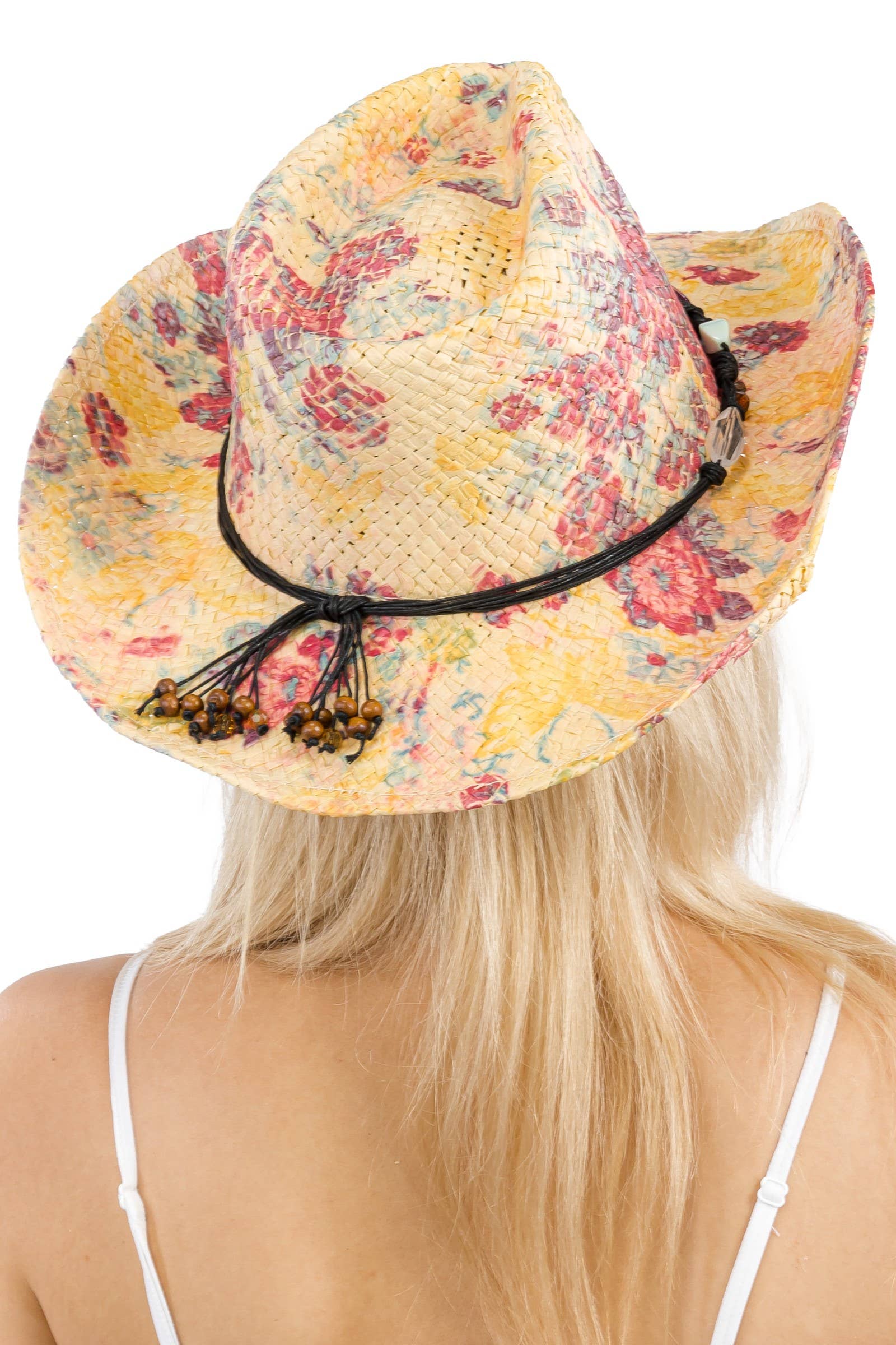 Cap Zone - Wholesale Cowboy Hat - Women's - Floral Print Raffia Paper Straw Cowboy Hat23