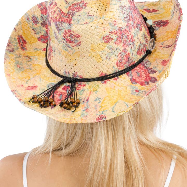 Cap Zone - Wholesale Cowboy Hat - Women's - Floral Print Raffia Paper Straw Cowboy Hat23