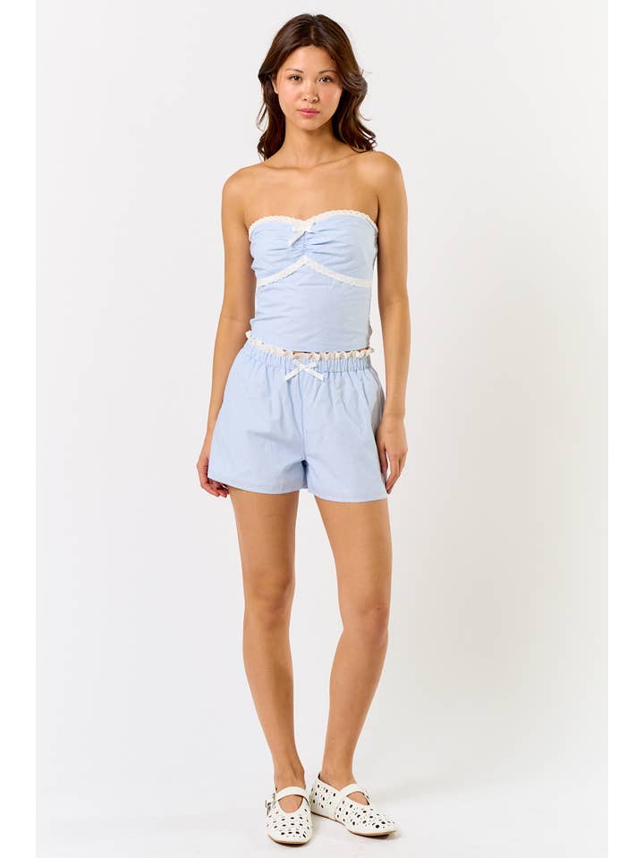 IBS32456 PIN STRIPE TUBE TOP W/ LACE TRIM WITH SHORTS for wholesale on Faire