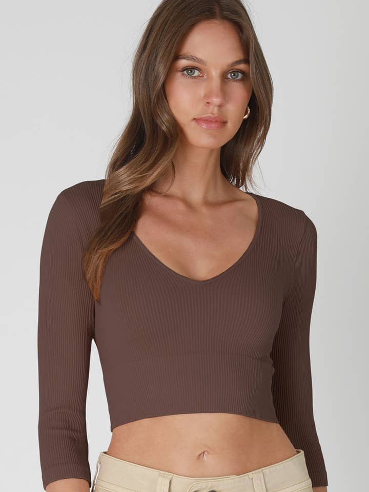 NS7968 - Ribbed 3/4 Sleeve V Neck Crop Top for wholesale by NIKIBIKI