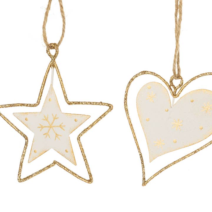 A41966: 2 Asst metal orn,wht&gld star&heart,3in for wholesale by Silver Tree Home & Holiday