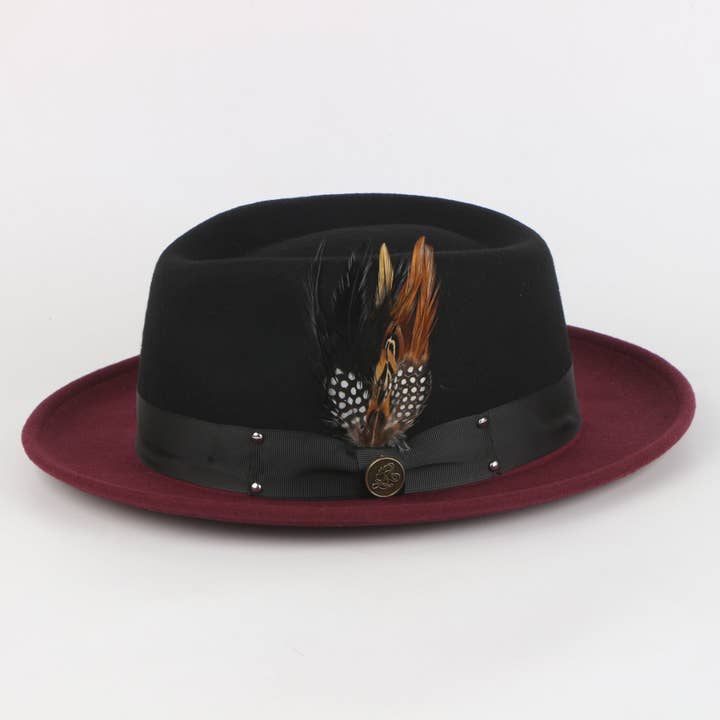 Le Broadway | Chapeau Fedora en Laine Australienne Fine | Noir & Bordeaux pour la vente par Steven Land