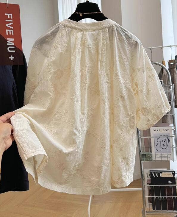 Whisper Mint - Vente Chemise à col boutonné – femme - Chemise à manches courtes à broderies épaisses de style chinois élégant 1