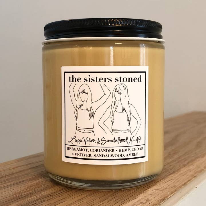 Luxe Vetiver & Sandalwood No. 49 Soy Single Wick Candle for wholesale by The Sisters Stoned