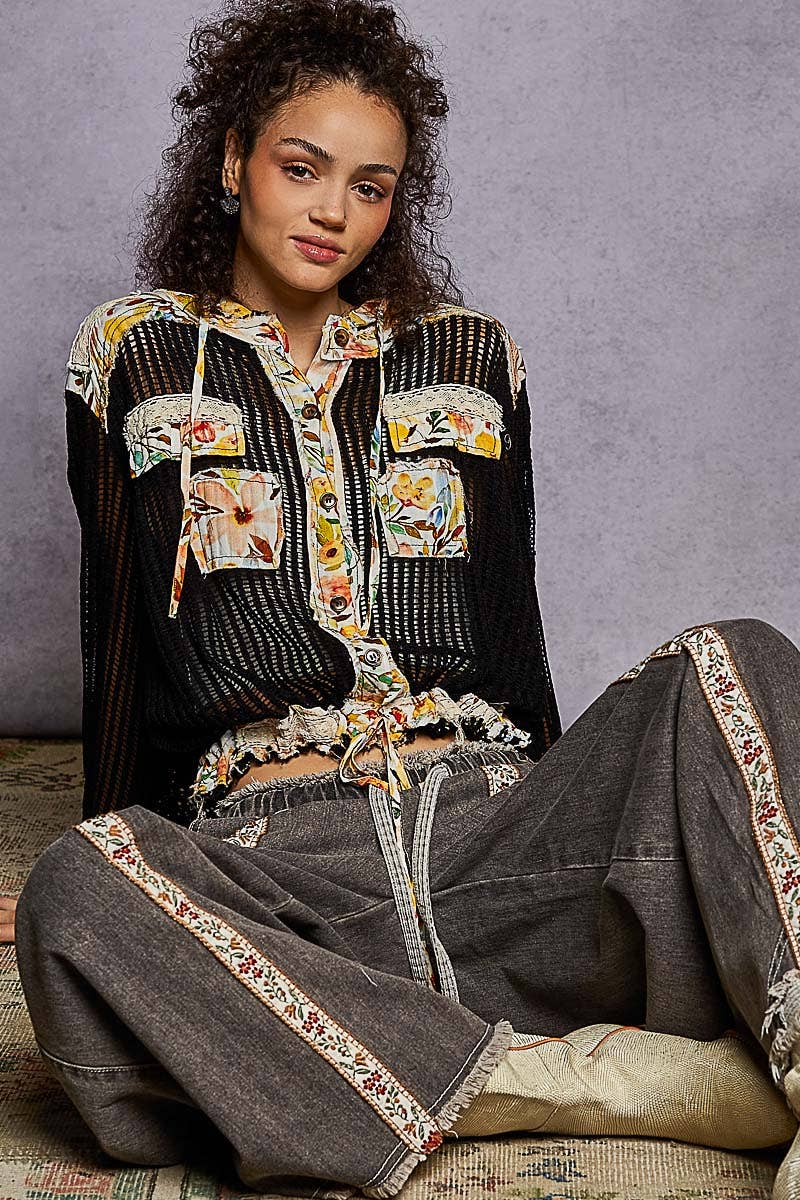 Pol Clothing - Wholesale Jacket - Women's - Vintage washed floral print patch crochet jacket SALE16