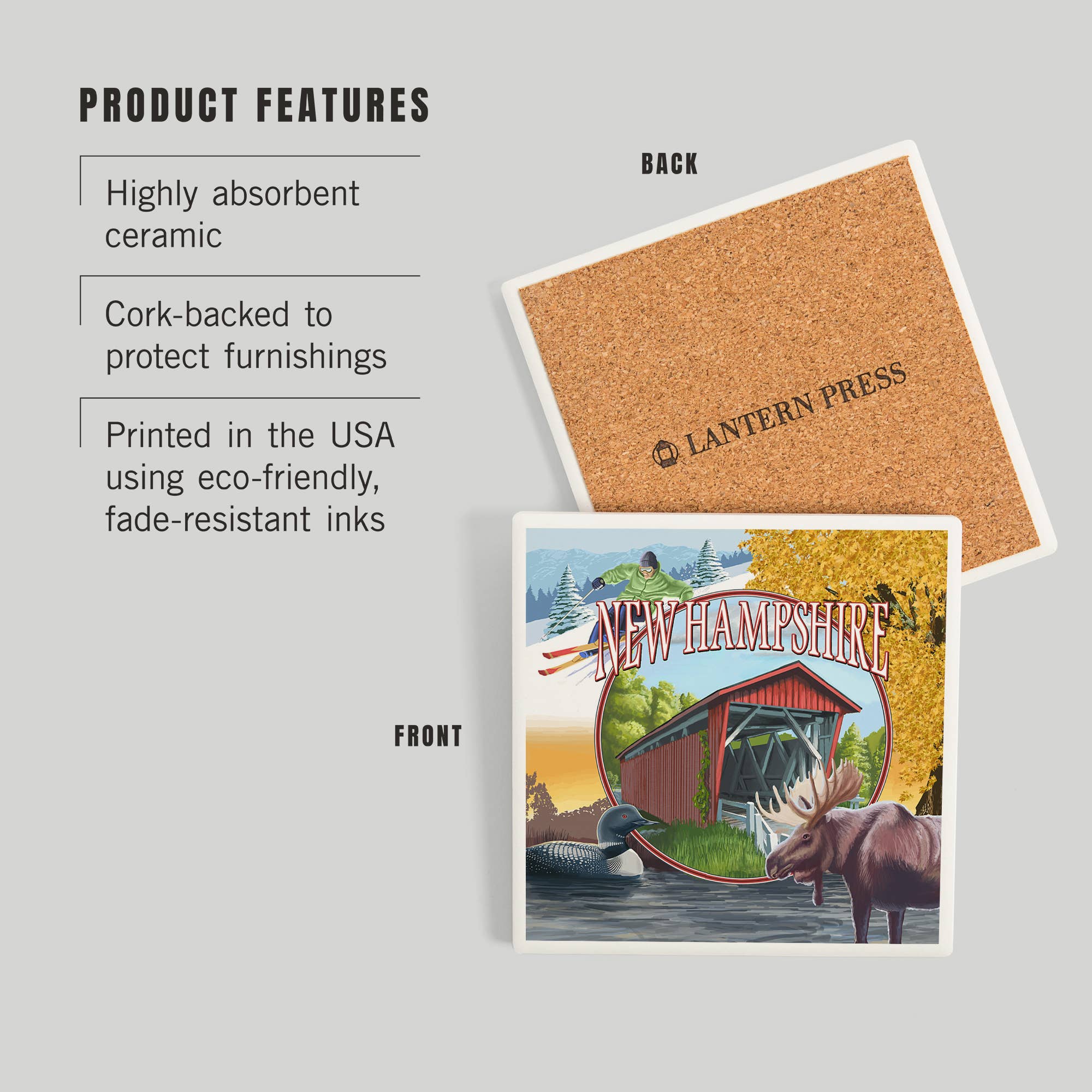 Lantern Press – wholesale Coasters – CERAMIC COASTER New Hampshire, Montage Covered Bridge2