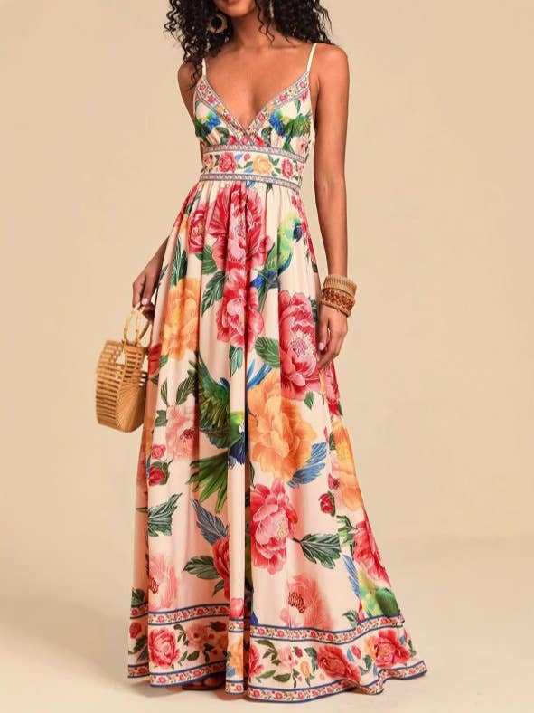 Multi Verona Macaw & Peony Floral print resort strappy sundress for wholesale on Faire