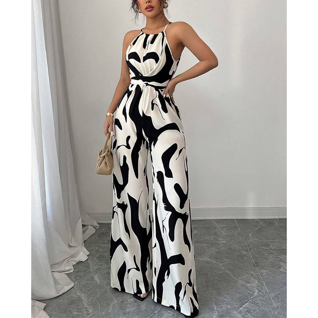 Noir Combinaison large à dos noué avec imprimé zèbre UNISHE en vente sur Faire3