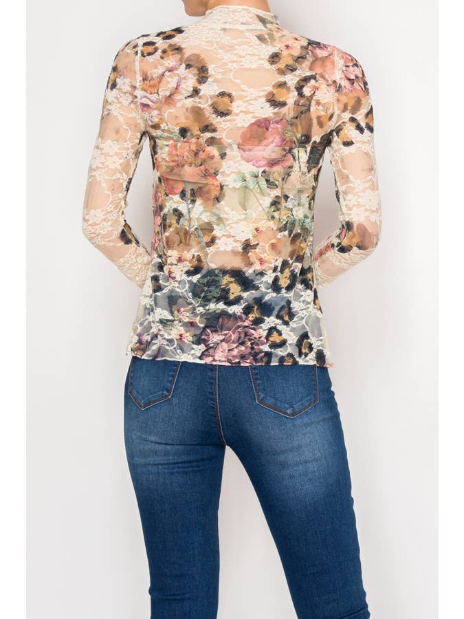 Sheer Flower Lace Mesh Long Sleeve Top – OLS-4865BG-LEO FL for wholesale on Faire3